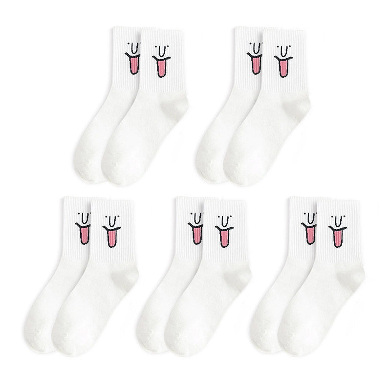 Anyfootwear 5 Pairs One Size 5-9 White Unisex Wacky Expressions Style Trend Surprise Socks With Candy Colors Funny, Kawaii, Happy Girls Socks For Women