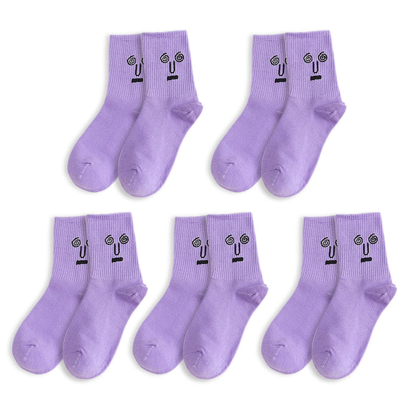 Anyfootwear 5 Pairs One Size 5-9 Purple Unisex Wacky Expressions Style Trend Surprise Socks With Candy Colors Funny, Kawaii, Happy Girls Socks For Women