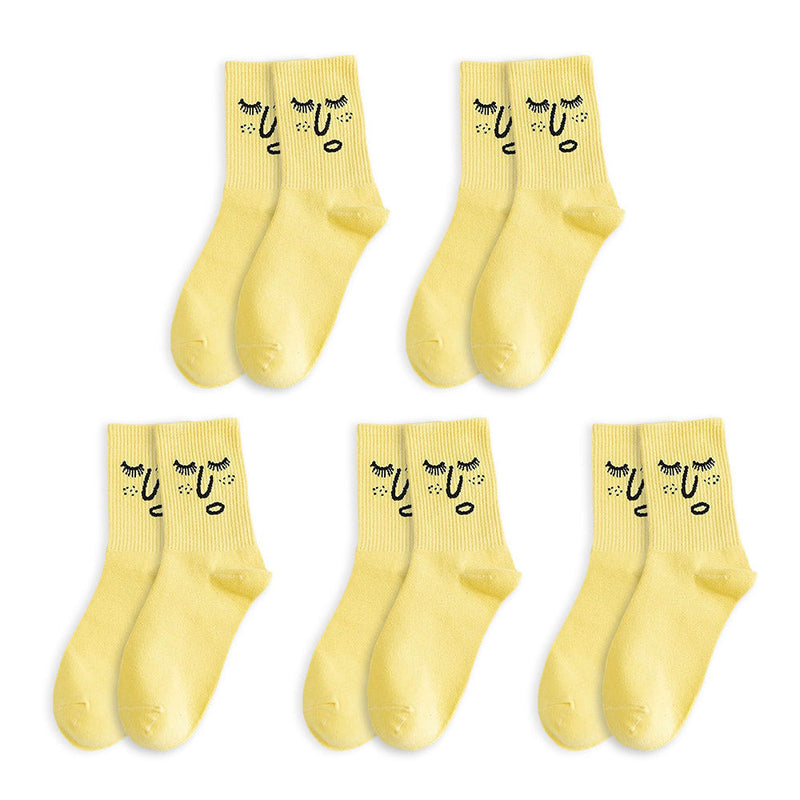 Anyfootwear 5 Pairs One Size 5-9 Yellow Unisex Wacky Expressions Style Trend Surprise Socks With Candy Colors Funny, Kawaii, Happy Girls Socks For Women