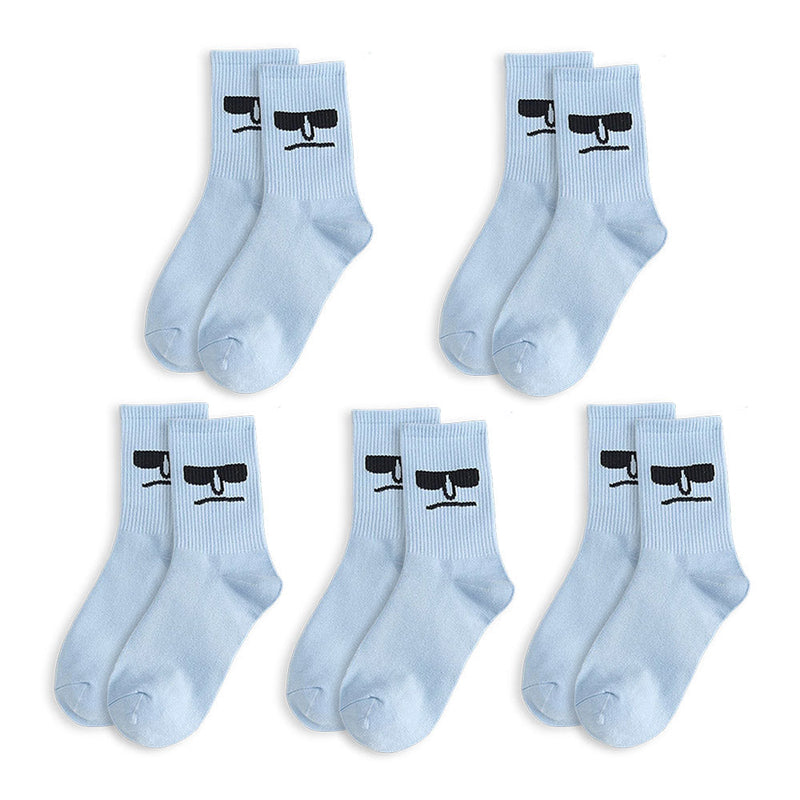 Anyfootwear 5 Pairs One Size 5-9 Blue Unisex Wacky Expressions Style Trend Surprise Socks With Candy Colors Funny, Kawaii, Happy Girls Socks For Women