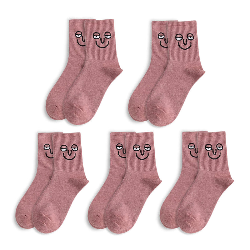 Anyfootwear 5 Pairs One Size 5-9 Pink Unisex Wacky Expressions Style Trend Surprise Socks With Candy Colors Funny, Kawaii, Happy Girls Socks For Women