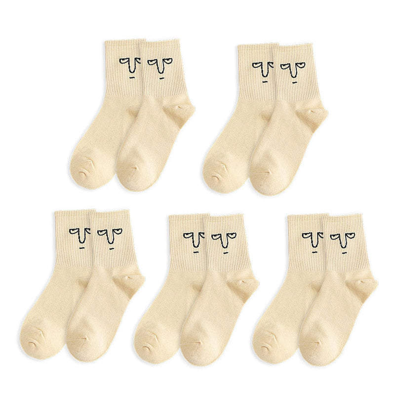 Anyfootwear 5 Pairs One Size 5-9 Milk White Unisex Wacky Expressions Trend Surprise Socks With Candy Colors Funny, Kawaii, Happy Girls Socks For Women