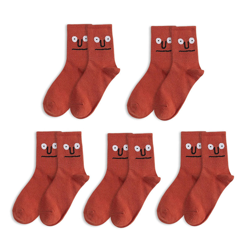 Anyfootwear 5 Pairs One Size 5-9 Red Unisex Wacky Expressions Style Trend Surprise Socks With Candy Colors Funny, Kawaii, Happy Girls Socks For Women