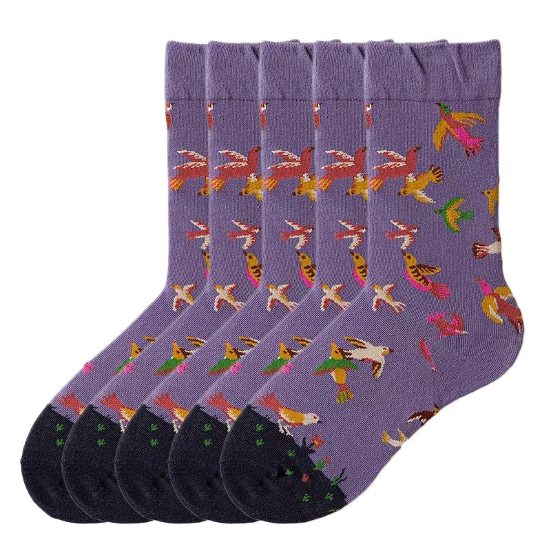 Anyfootwear 5 Pairs Size 5-9 of Fashion Long Sock Cartoon Personalized Creative Birds Painting For Men Woman Foot Cold Winter Warm Comfortable Accessories