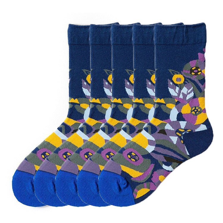 Anyfootwear 5 Pairs Dark Blue Size 5-9 Fashion Socks High-Quality Office Sports Business Long Socks Cotton Solid Colors Skateboard Knitted Casual