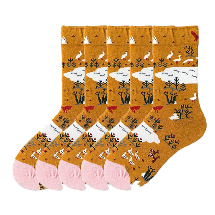 Anyfootwear 5 Pairs Mustard Size 5-9 Fashion Socks High-Quality Office Sports Business Long Socks Cotton Solid Colors Skateboard Knitted Casual