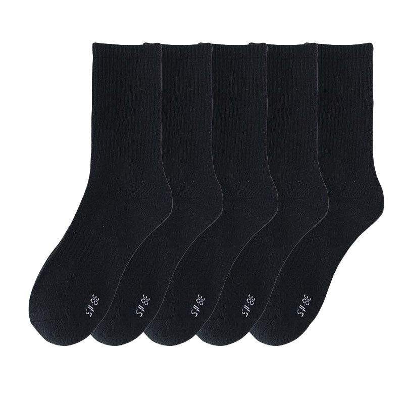 AnyfootwearOX 5 Pairs Size 6-9 Fashion Socks High Quality Office Sports Business Long Socks Cotton Solid Colors Skateboard Knitted Casual Black