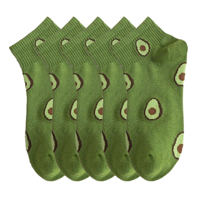 Anyfootwear 5 Pairs One Size 5-9 Green Spring Summer Cotton Avocado Breathable School Girl For Female Ankle Socks