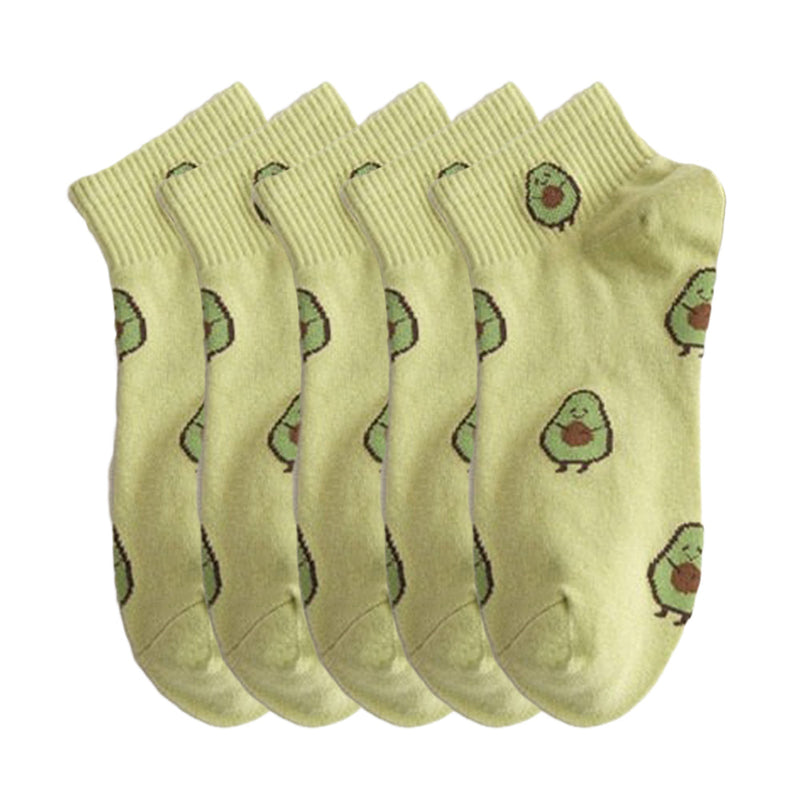 Anyfootwear 5 Pairs One Size 5-9 Yellow Spring Summer Cotton Avocado Breathable School Girl For Female Ankle Socks