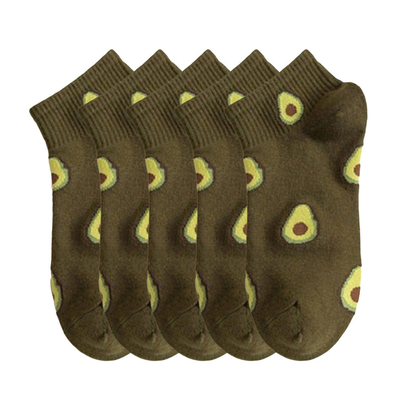 Anyfootwear 5 Pairs One Size 5-9 Brwon Spring Summer Cotton Avocado Breathable School Girl For Female Ankle Socks