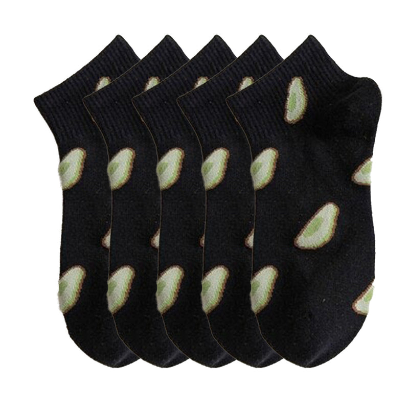 Anyfootwear 5 Pairs One Size 5-9 Black Spring Summer Cotton Avocado Breathable School Girl For Female Ankle Socks