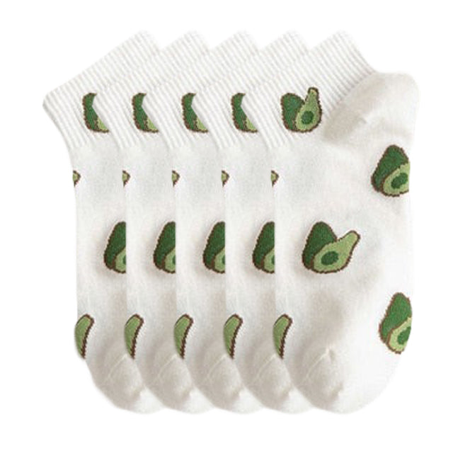 Anyfootwear 5 Pairs One Size 5-9 White Spring Summer Cotton Avocado Breathable School Girl For Female Ankle Socks