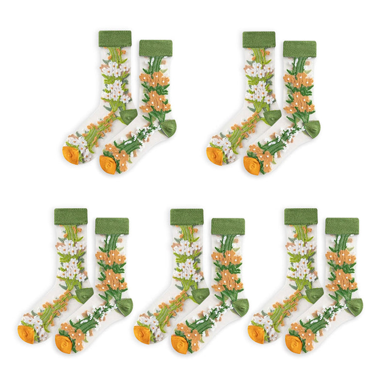 Anyfootwear 5 Pairs Yellow Green Size 5-9 Sock Harajuku Crystal Silk Tide Socks With Flower Vines Comfortable To Wear Prefect For Women
