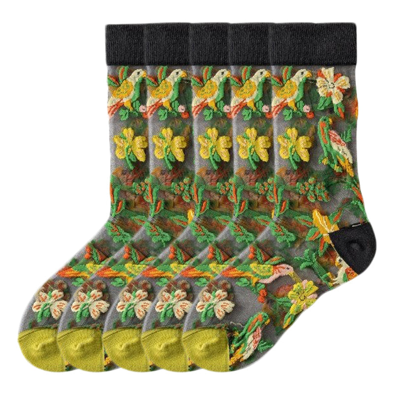 Anyfootwear 5 Pairs Green Size 5-9 Sock Harajuku Crystal Silk Tide Socks With Flower Vines Comfortable To Wear Prefect For Women