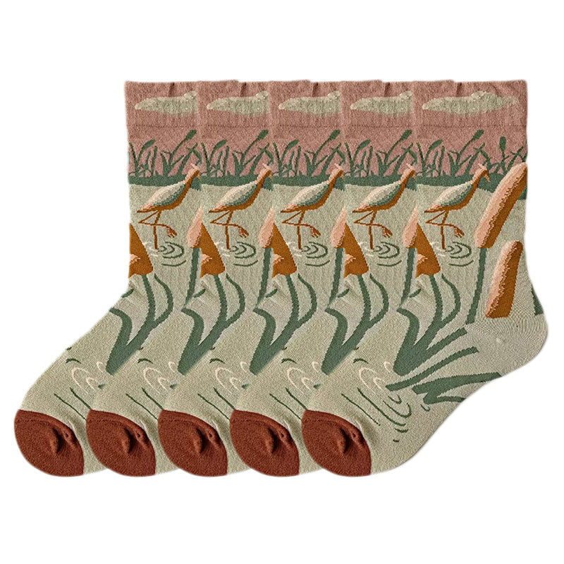 Anyfootwear 5 Pairs Size 5-9 Fashion Long Sock Cartoon Personalized Creative Nature Flamingo Print For Men Woman Foot Cold Winter Warm Comfortable Accessories