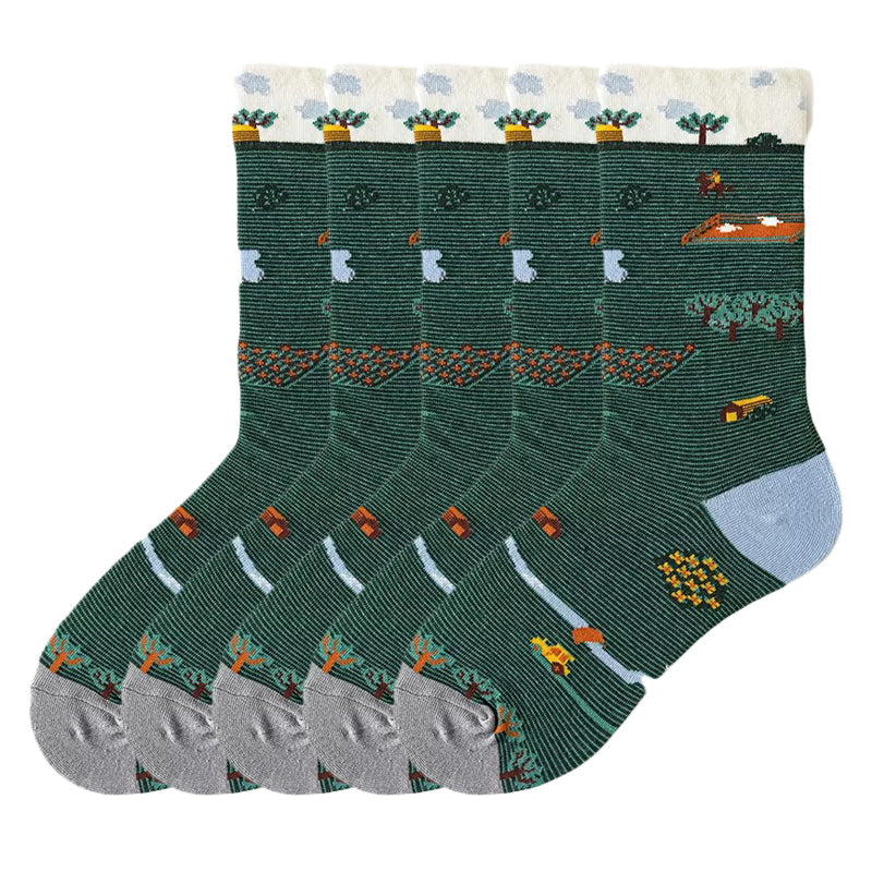 Anyfootwear 5 Pairs Size 5-9 Fashion Long Sock Cartoon Personalized Creative Nature Farm Print For Men Woman Foot Cold Winter Warm Comfortable Accessories