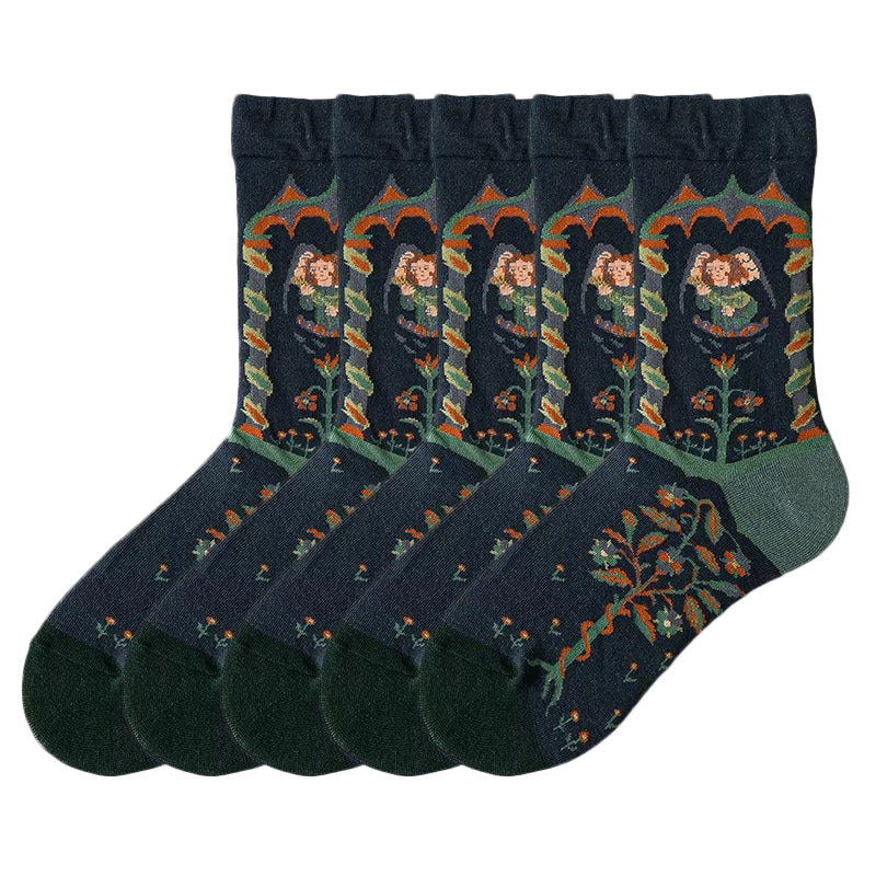 Anyfootwear 5 Pairs Size 5-9 Fashion Long Sock Cartoon Personalized Creative Lion and Woman Print For Men Woman Foot Cold Winter Warm Comfortable Accessories