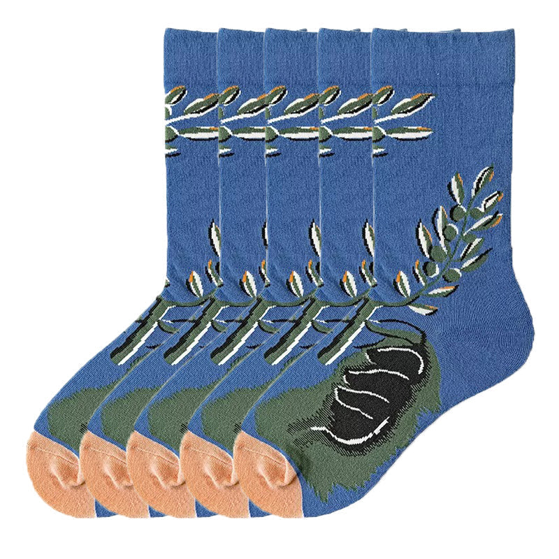 Anyfootwear 5 Pairs Size 5-9 Fashion Long Sock Cartoon Personalized Creative Nature Leaf Print For Men Woman Foot Cold Winter Warm Comfortable Accessories