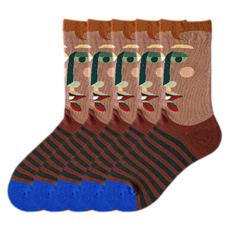 Anyfootwear 5 Pairs Size 5-9 Fashion Long Sock Cartoon Personalized Creative Face Art For Men Woman Foot Cold Winter Warm Comfortable Accessories