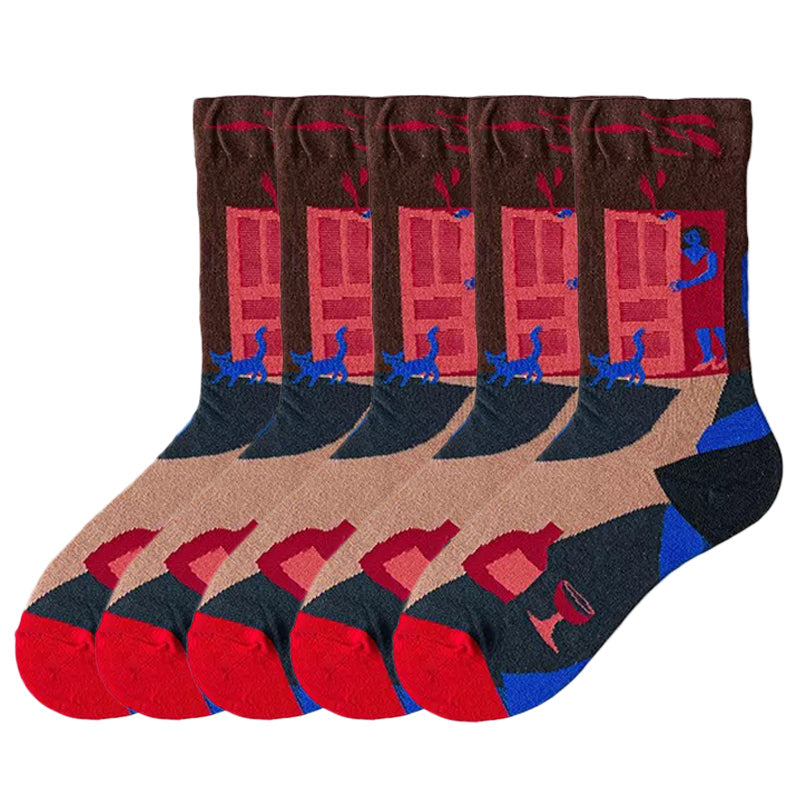 Anyfootwear 5 Pairs Size 5-9 Fashion Long Sock Cartoon Personalized Creative Nature Blue Human Abstract Art For Men Woman Foot Cold Winter Warm Comfortable