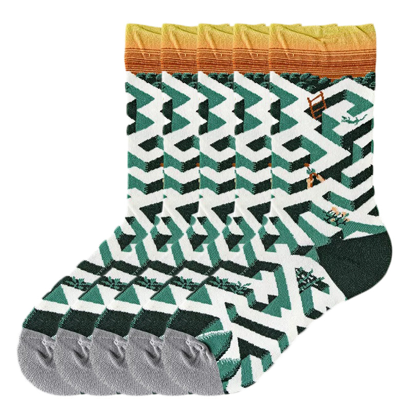 Anyfootwear 5 Pairs Size 5-9 Fashion Long Sock Cartoon Personalized Creative Nature Geometric Design For Men Woman Foot Cold Winter Warm Comfortable Accessories