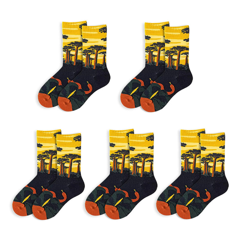Anyfootwear 5 Pairs Size 5-9 Fashion Long Sock Cartoon Personalized Nature Yellow Forest Painting For Men Woman Winter Warm Comfortable Accessories