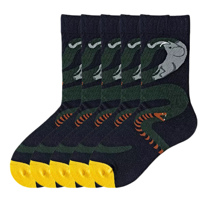 Anyfootwear 5 Pairs Size 5-9 Fashion Long Sock Cartoon Personalized Creative Nature Snake Print For Men Woman Foot Cold Winter Warm Comfortable Accessories