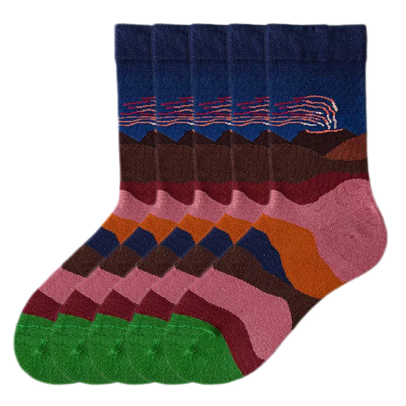 Anyfootwear 5 Pairs Size 5-9 Fashion Long Sock Cartoon Personalized Creative Nature Volcanic Eruption Print For Men Woman Foot Cold Winter Warm Comfortable