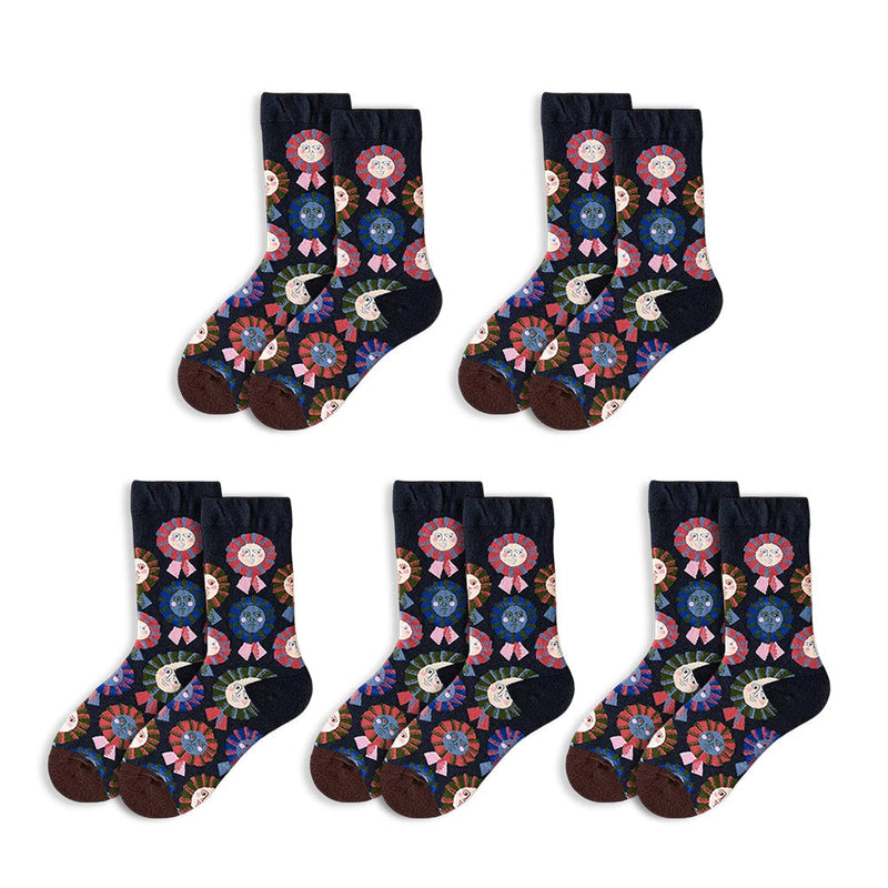 Anyfootwear 5 Pairs Size 5-9 of Fashion Long Sock Cartoon Personalized Nature Sun Flower Face Emotions For Men Woman Winter Warm Comfortable Accessories