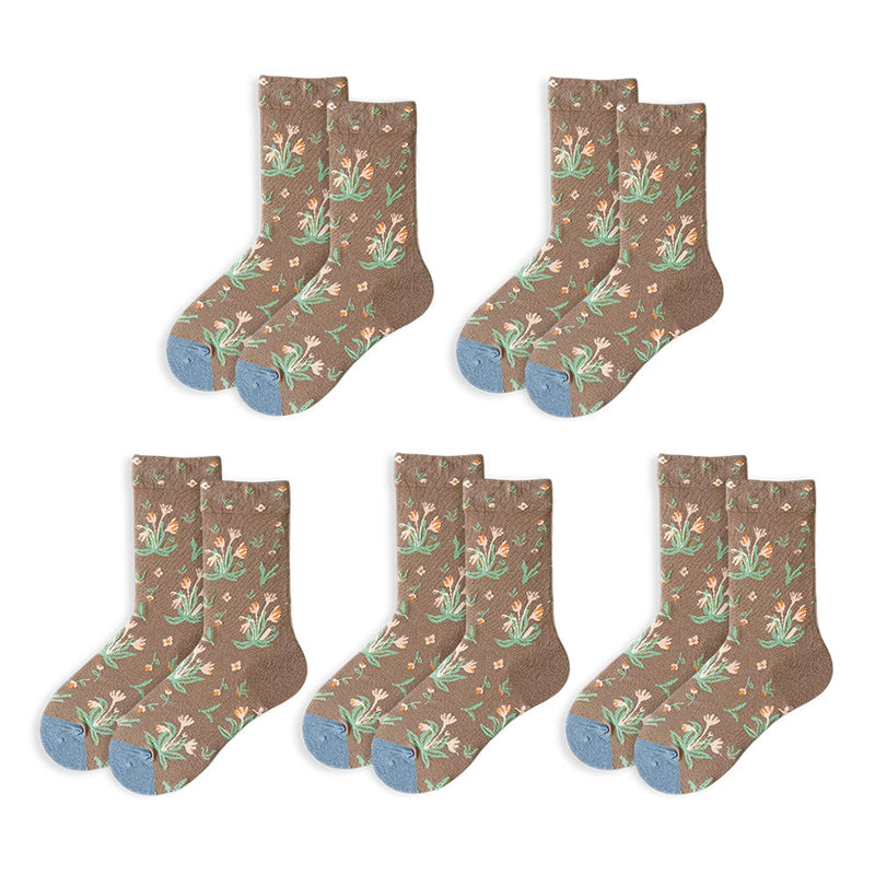Anyfootwear 5 Pairs Size 5-9 of Fashion Long Sock Cartoon Personalized Nature Bulk Flowers For Men Woman Foot Cold Winter Warm Comfortable Accessories