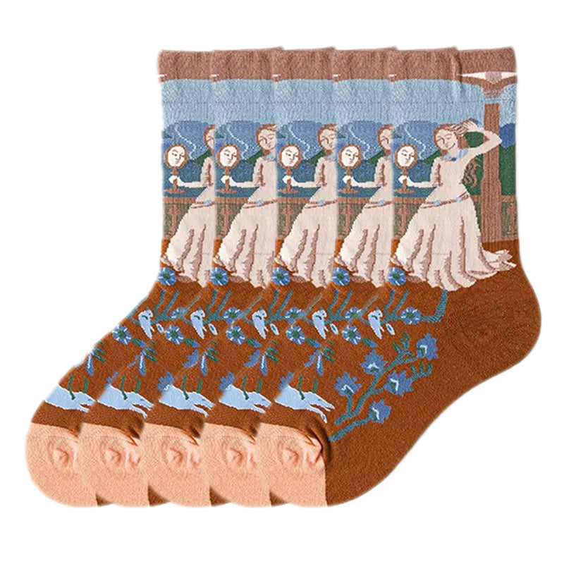 Anyfootwear 5 Pairs Size 5-9 of Fashion Long Sock Cartoon Personalized Creative Nature Lady in the Farm For Men Woman Foot Cold Winter Warm Comfortable