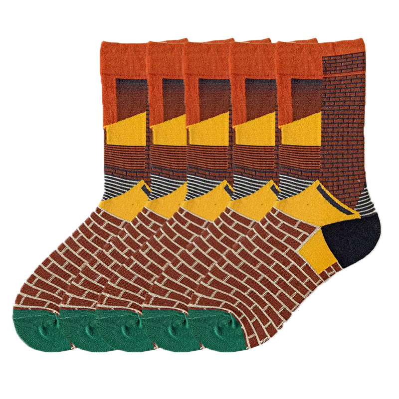 Anyfootwear 5 Pairs Size 5-9 of Fashion Long Sock Cartoon Personalized Creative Nature City Painting For Men Woman Foot Cold Winter Warm Comfortable