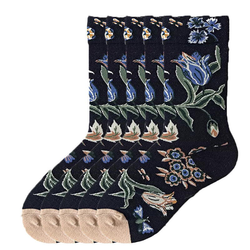Anyfootwear 5 Pairs Size 5-9 of Fashion Long Sock Cartoon Personalized Creative Nature Blue Flower For Men Woman Foot Cold Winter Warm Comfortable
