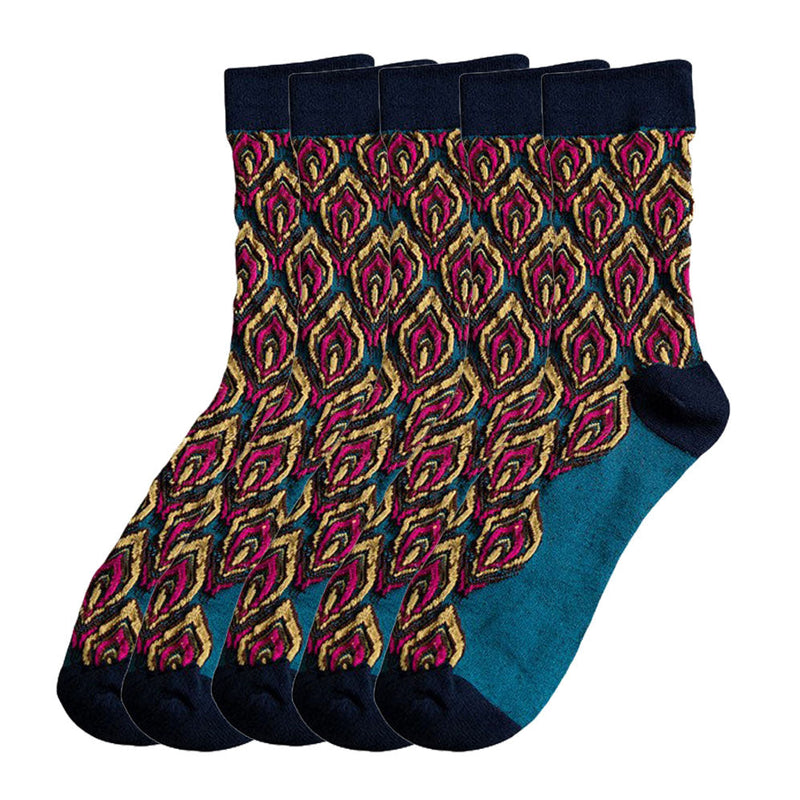 Anyfootwear 5 Pairs Size 5-9 Blue Green Abstract Long Socks Retor Luxury Autumn Winter Peacock Feather Pattern Style With Soken Chaussette Femme