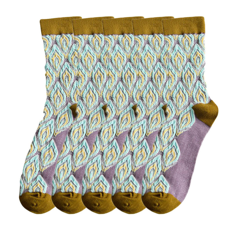 Anyfootwear 5 Pairs Size 5-9 Green Violet Abstract Long Socks Luxury Autumn Winter Peacock Feather Pattern Style With Soken Chaussette Femme