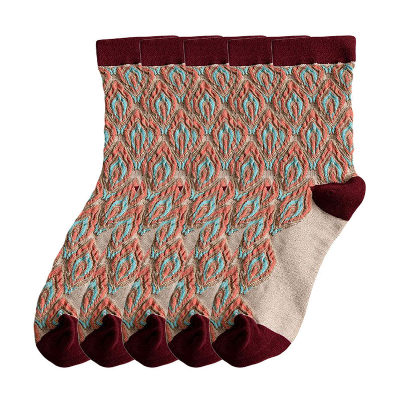 Anyfootwear 5 Pairs Size 5-9 Coffee Brown Abstract Socks Retor Luxury Autumn Winter Peacock Feather Pattern Style With Soken Chaussette Femme