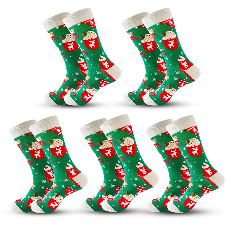 Anyfootwear 5 Pairs White Green Size 5-13 Socks Crystal Silk Tide Mug Winter Holiday Design Plus Snowflake Stocking Comfortable To Wear Perfect For Women