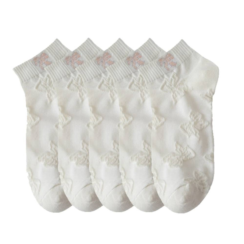 Anyfootwear 5 Pairs One Size 35-40 Women Socks Summer Cute Cartoon Ribbon Print White Female Casual Socks