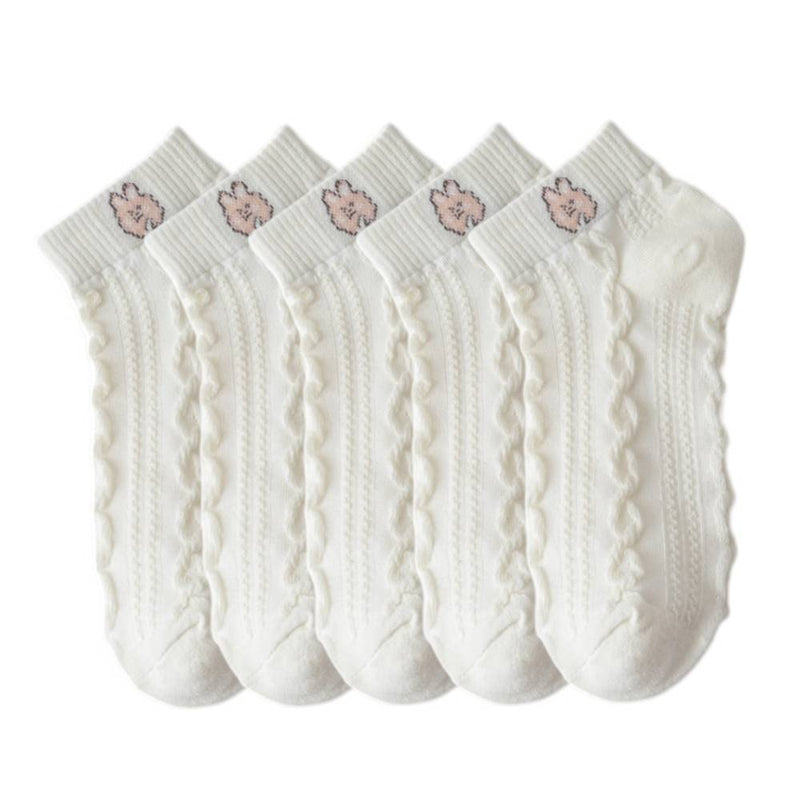 Anyfootwear 5 Pairs One Size 35-40 Women Socks Summer Cute Cartoon Animal Rabbit Print White Female Casual Socks