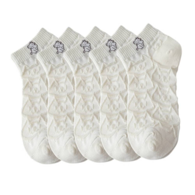 Anyfootwear 5 Pairs One Size 35-40 Women Socks Summer Cute Cartoon Animal Cat Print White Female Casual Socks