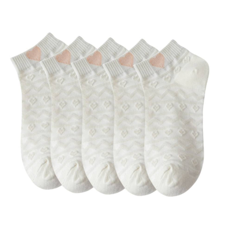 Anyfootwear 5 Pairs One Size 35-40 Women Socks Summer Cute Cartoon Heart Print White Female Casual Socks