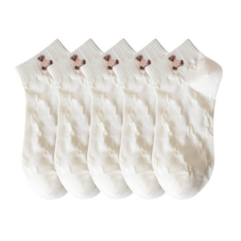 Anyfootwear 5 Pairs One Size 35-40 Women Socks Summer Cute Cartoon Animal Bear Print White Female Casual Socks