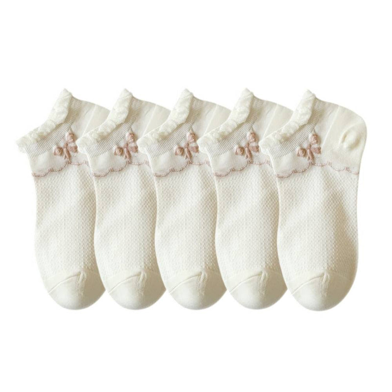 Anyfootwear 5 Pairs One Size 35-40 Summer Short Boat Invisible Chaussette Ribbon Print Cotton Ankle  Breathable Women Sock