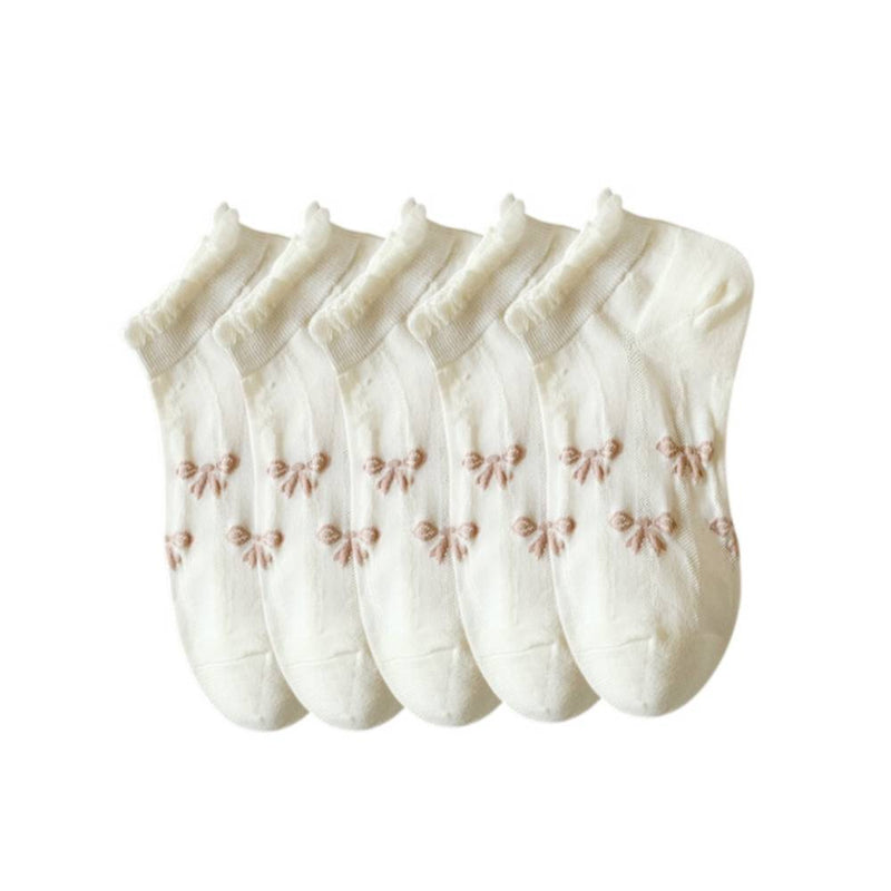 Anyfootwear 5 Pairs One Size 35-40 Cute Summer Short Boat Invisible Chaussette Ribbon Print Cotton Ankle  Breathable Women Sock