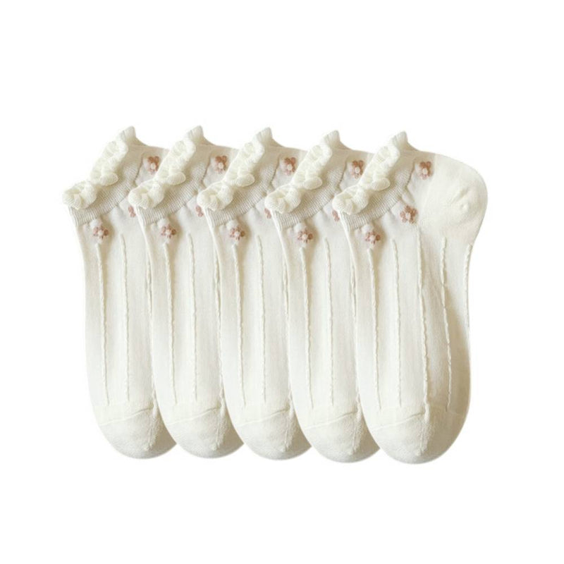 Anyfootwear 5 Pairs One Size 35-40 Summer Short Boat Invisible Chaussette Flower Print Cotton Ankle  Breathable Women Sock