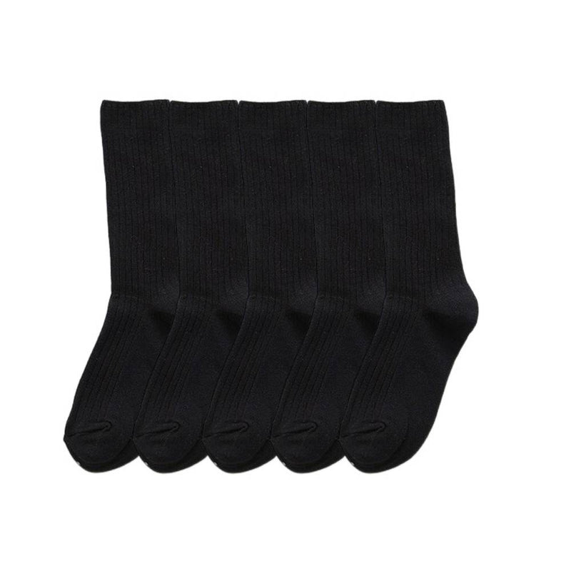 Anyfootwear 5 Pairs One Size 36-43 Black Retro Long Knitted Socks Cotton Autumn Winter Solid Color Women Student Girls