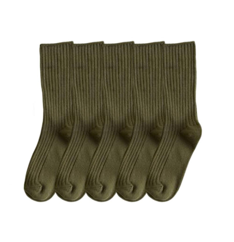Anyfootwear 5 Pairs One Size 36-43 Green Retro Long Knitted Socks Cotton Autumn Winter Solid Color Women Student Girls