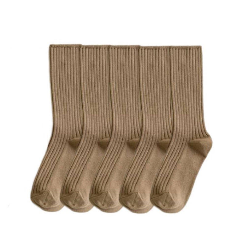 Anyfootwear 5 Pairs One Size 36-43 Khaki Retro Long Knitted Socks Cotton Autumn Winter Solid Color Women Student Girls