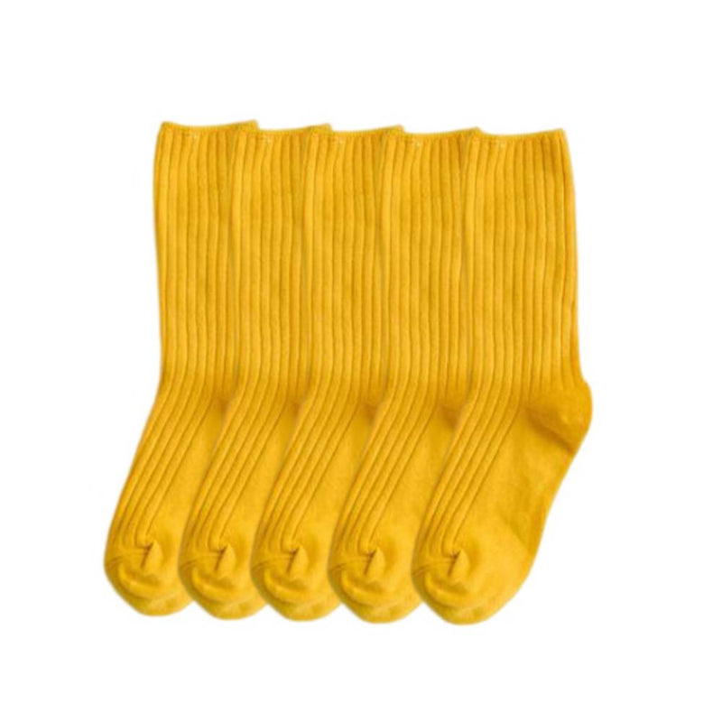 Anyfootwear 5 Pairs One Size 36-43 Yellow Retro Long Knitted Socks Cotton Autumn Winter Solid Color Women Student Girls