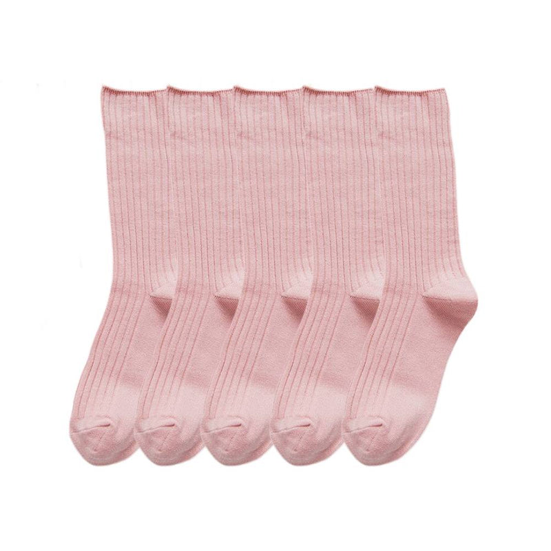 Anyfootwear 5 Pairs One Size 36-43 Pink Retro Long Knitted Socks Cotton Autumn Winter Solid Color Women Student Girls
